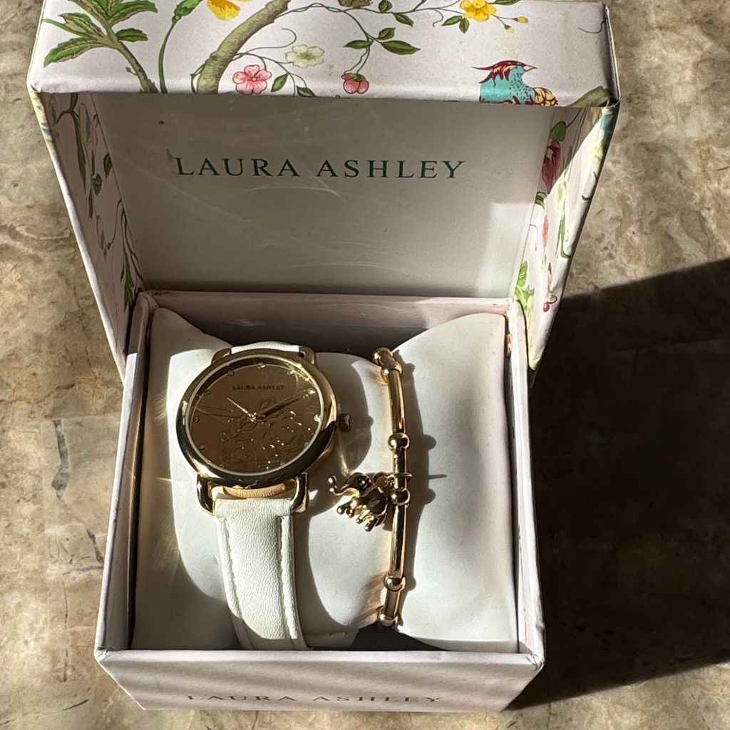 Laura Ashley Gold Watch With White Band And Elephant Bracelet